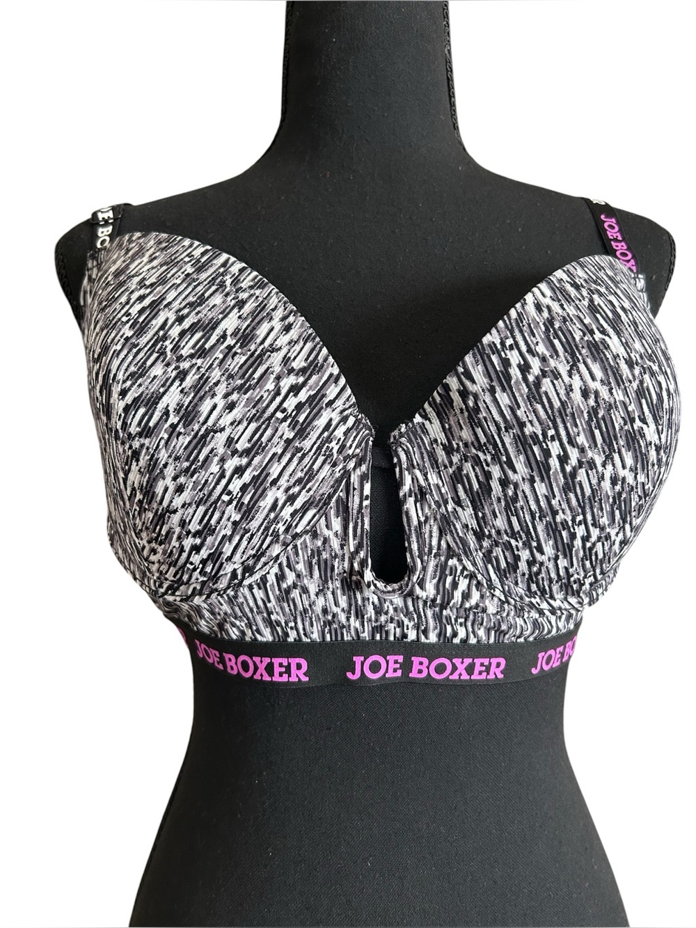 Joe Boxer Black White Printed Longline Push Up Bra Pink Logo Bralette 36DD